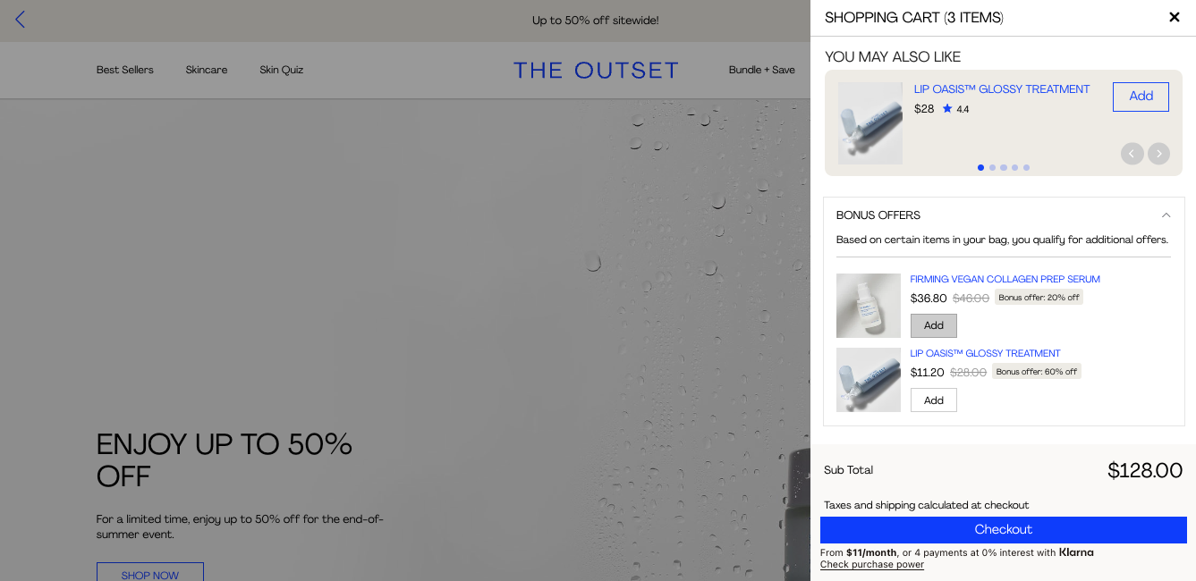 The Outset cart drawer showing a personalized cart upsell offer