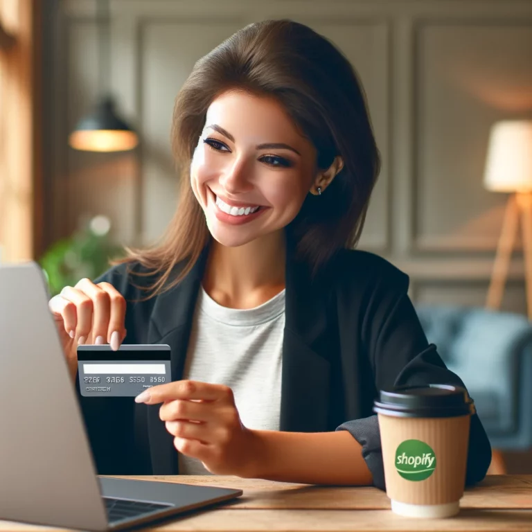DALL·E 2024-03-07 13.32.40 - Create a stock photo of a happy female customer holding a credit card, showcasing the ease of online shopping through a Shopify store enhanced by cons